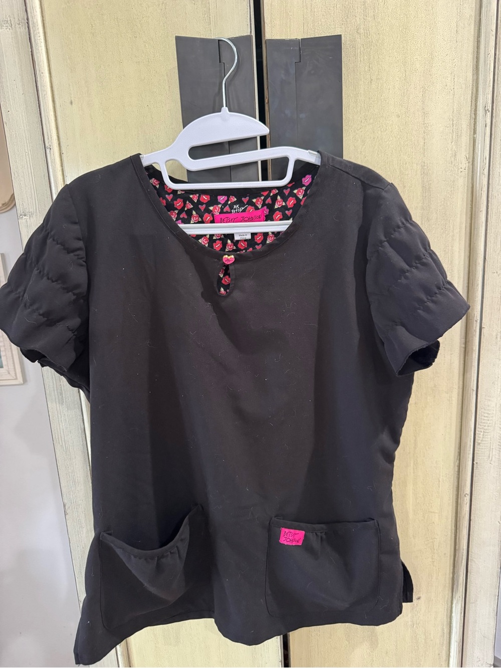 Betsey Johnson Black Scrub Top with Pink Floral Trim - Picture 2 of 5